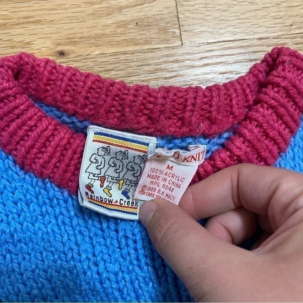 Vintage Hand Knit Ski Penguin Kids Sweater Medium Rainbow Creek Colorful